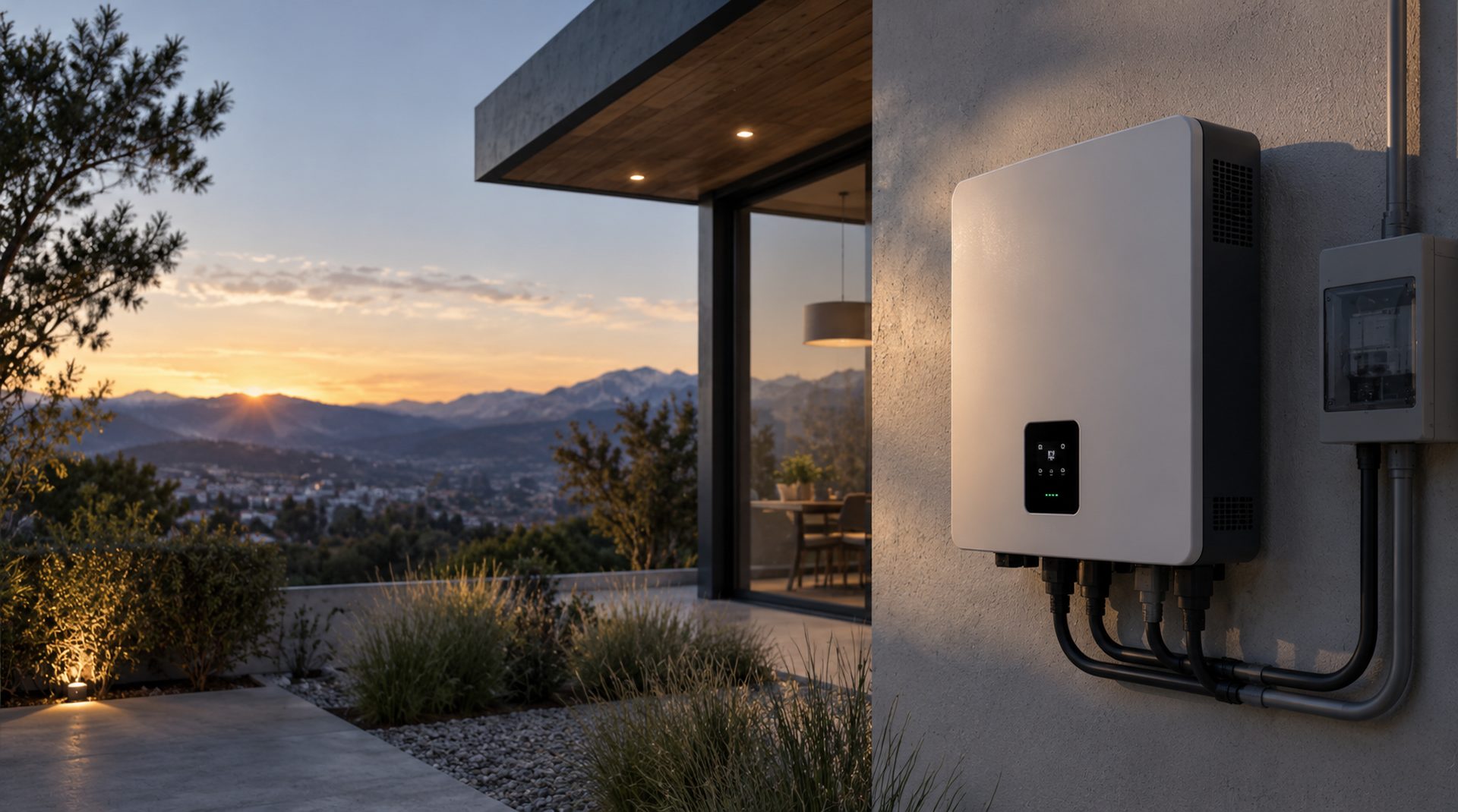 Inversor solar instalado en la fachada de una casa al atardecer